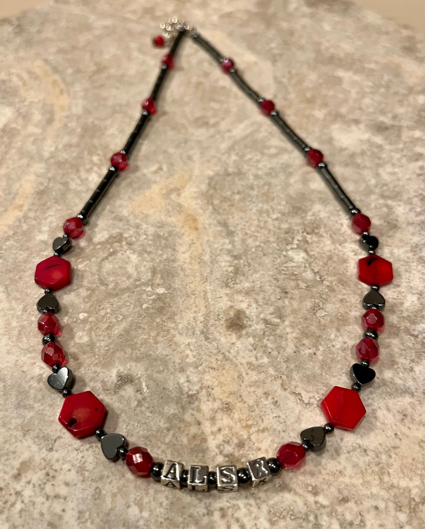 ALS Awareness Necklace in Hematite and Red Coral (N26)