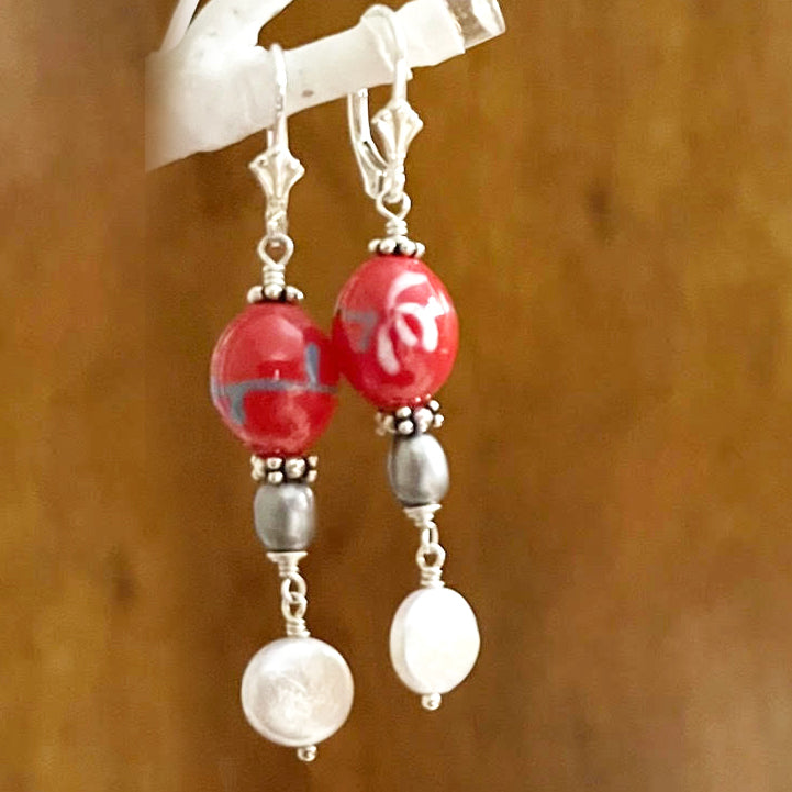 Hand Painted Glass Beads & Pearls with Love Charm Set (N1)