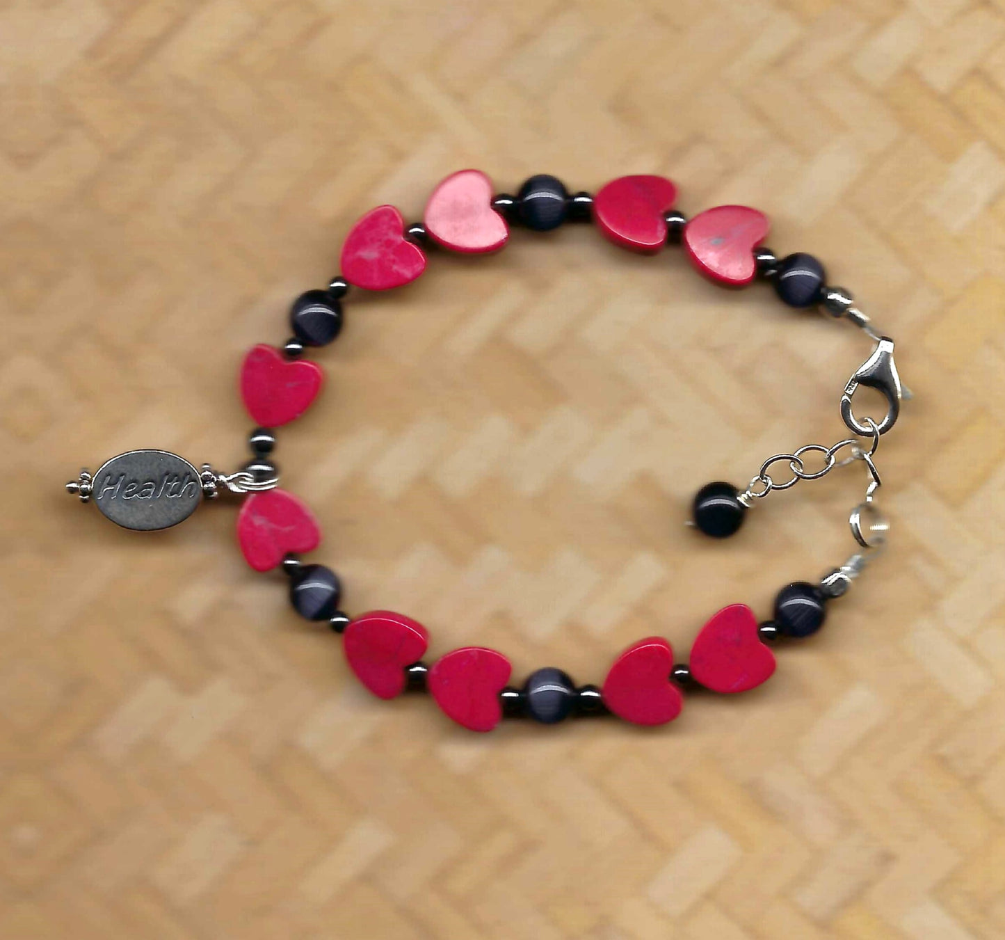 Red Hearts and Cats Eye with Health Word Charm (B4)