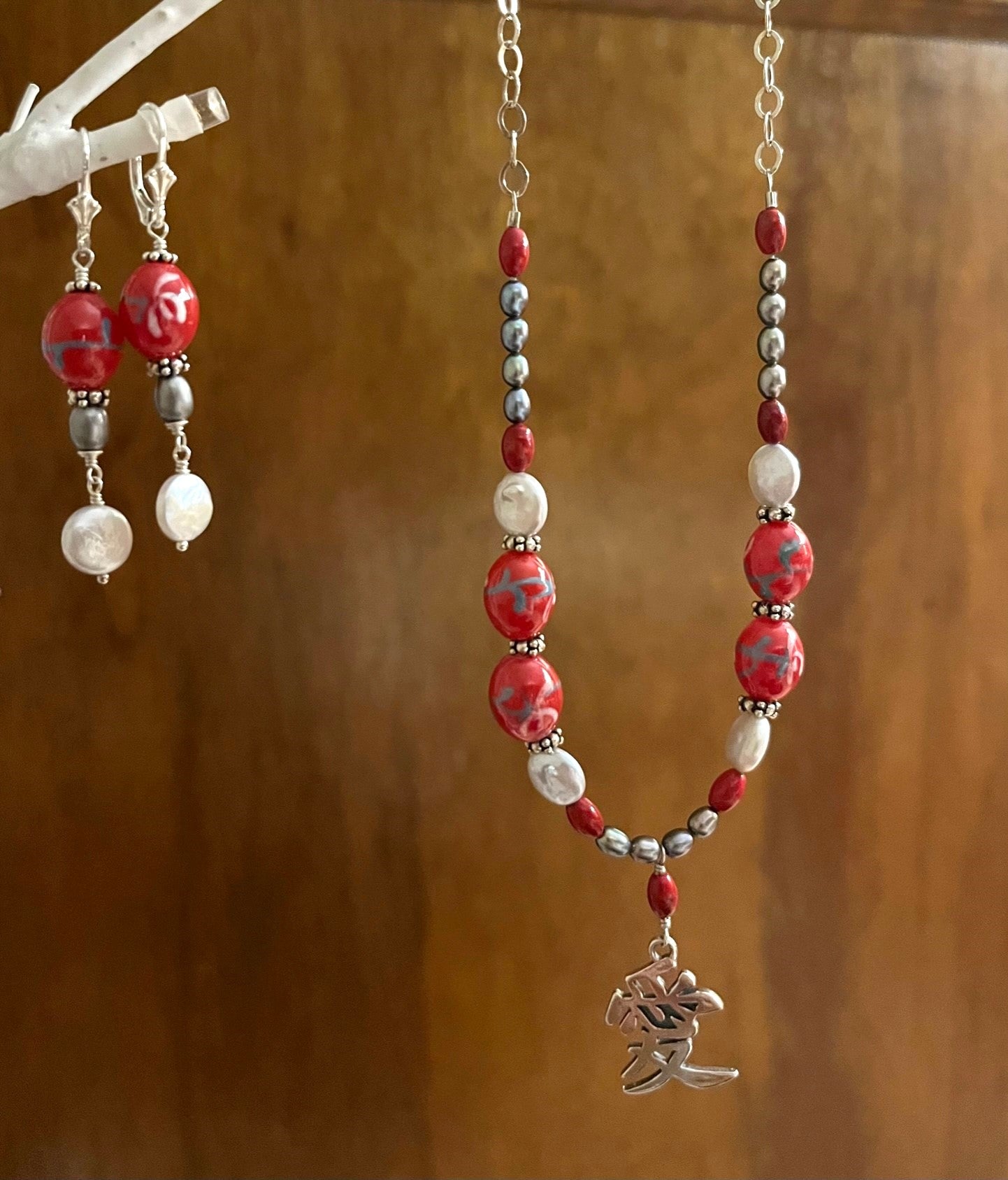 Hand Painted Glass Beads & Pearls with Love Charm Set (N1)